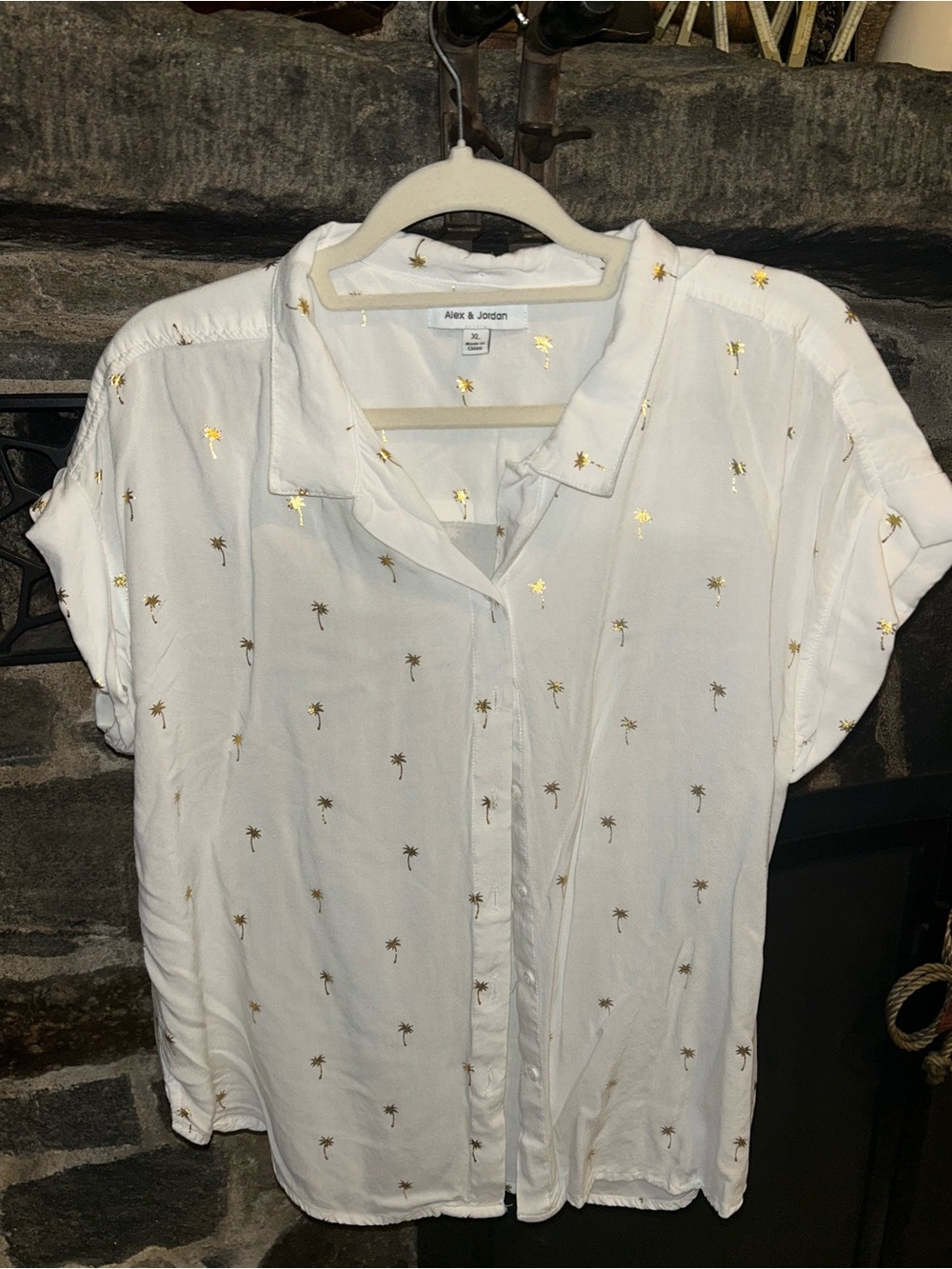 White Short-Sleeve Button-Down with Gold Palm Motif